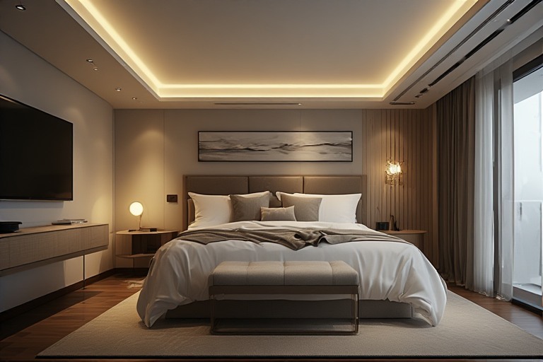 Ambient glow cove-lit false roof ceiling design for living rooms