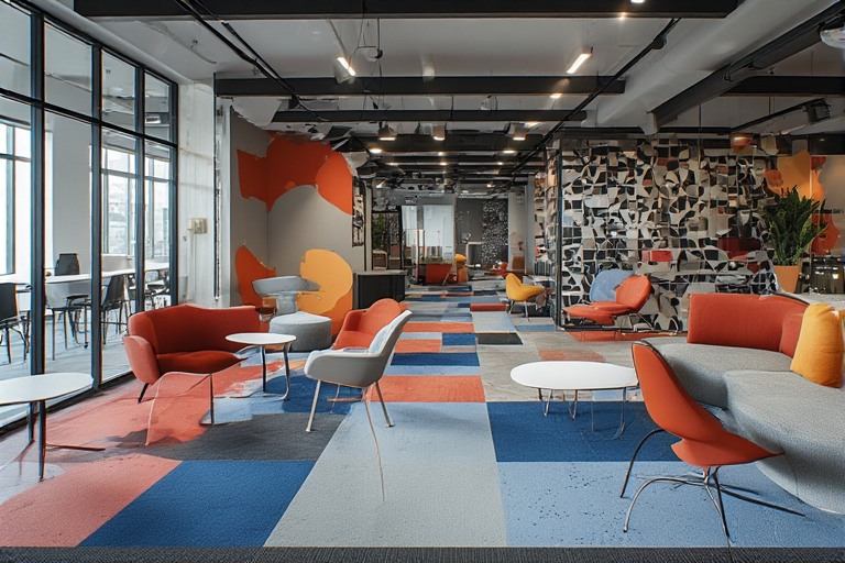 Creative breakout zone office interior design with patterns