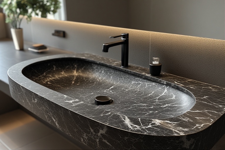 Curved Granite Counters with Integrated Basins for Smooth, Modern Bathroom Designs