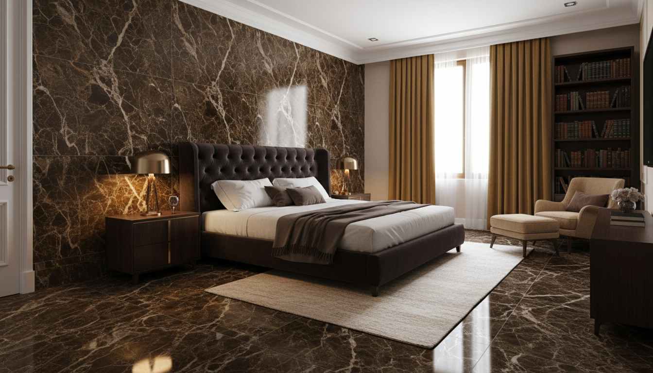 Rich brown Dark Emperador marble tile wallpaper for premium interiors