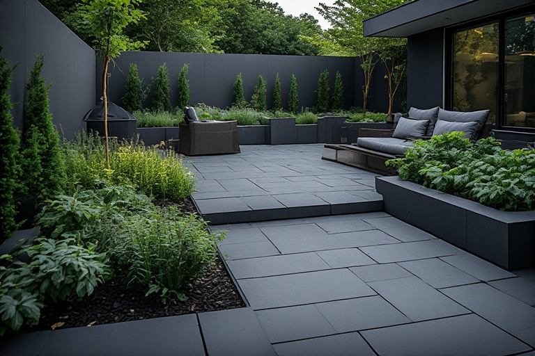 Bold dark-toned garden tiles for grounded landscape contrasts