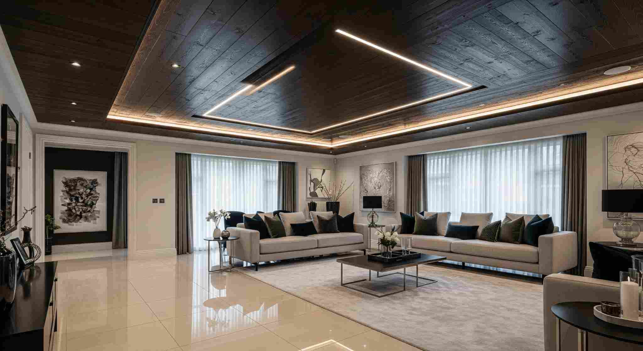 Dark Wood Ceilings with Beige or Cream Tiles