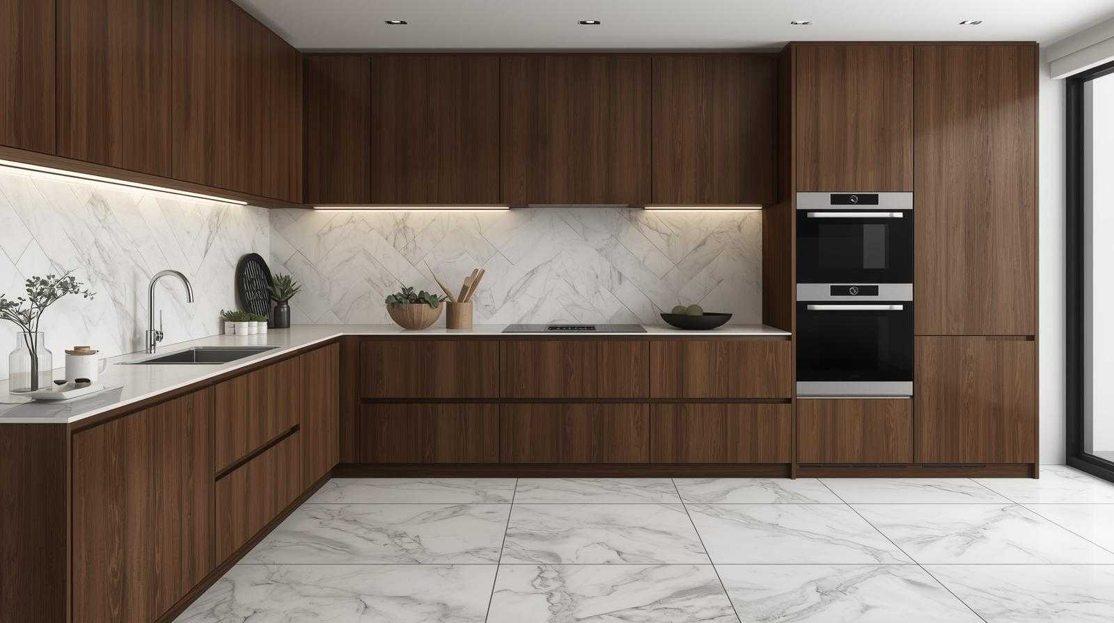 Dark Wood Kitchen Cabinets with Marble-Effect Tiles