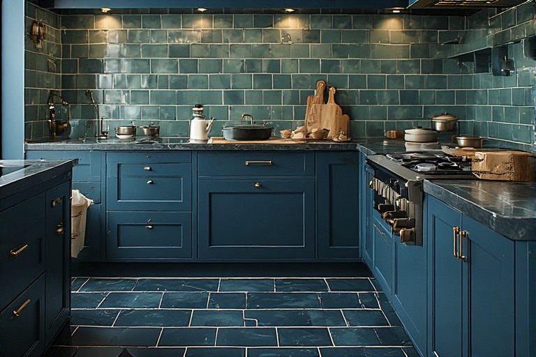 Statement deep blue and green kitchen floor ideas