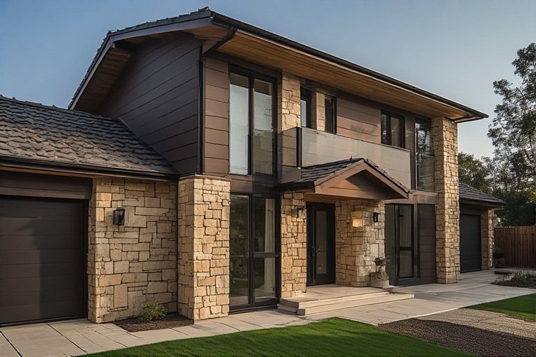 Deep brown and sandstone exterior colour combination for rustic looks