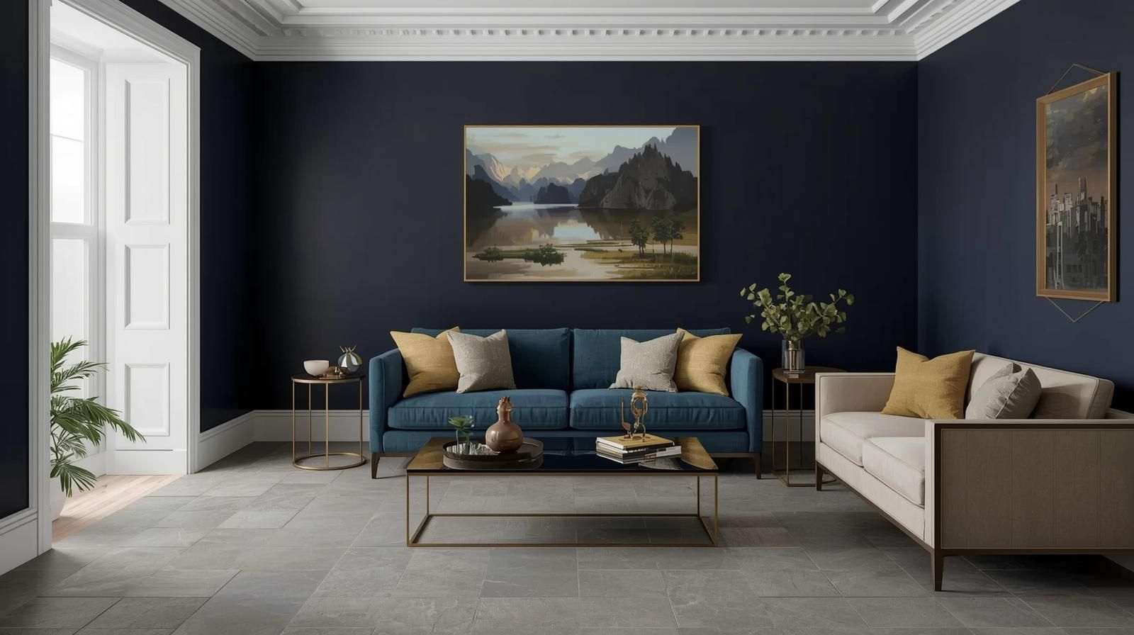 Deep Navy Blue Walls with Matte Grey Tiles