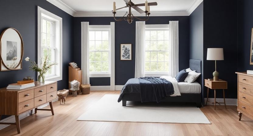 Deep Navy with Light Wood Tiles