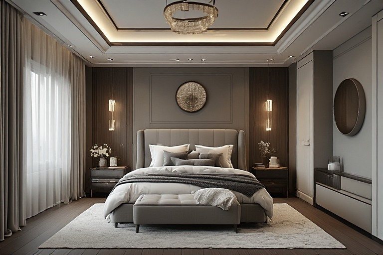 Recessed lighting and designer luxury bedroom interior design