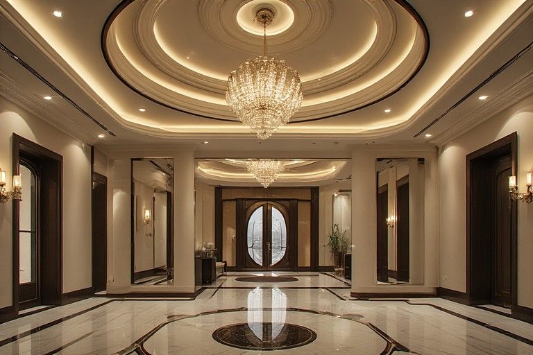 Grand dome-shaped false roof ceiling design for luxury foyers