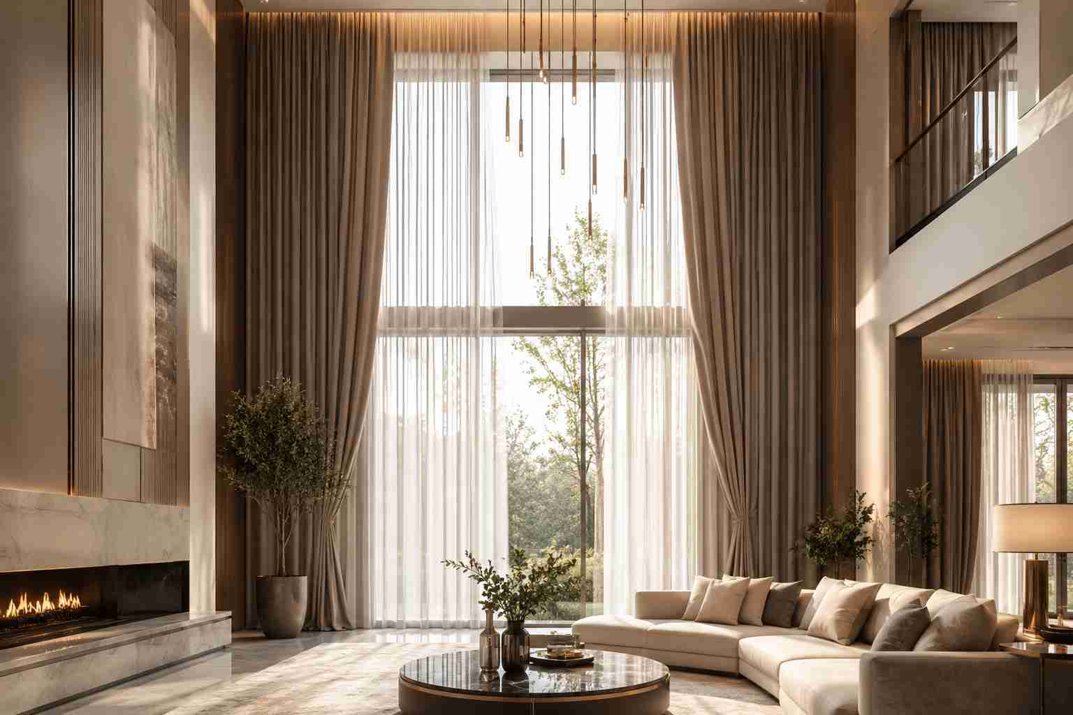 Double Height Living Room with Curtain