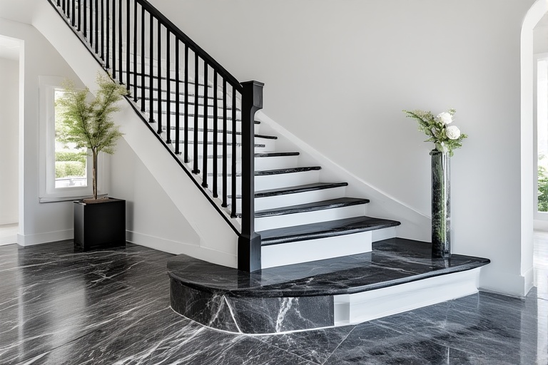 Double Moulding Black and White Granite Stairs for a Bold and Striking Look