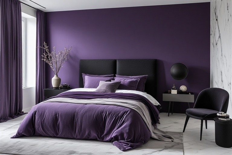 Bold amethyst and charcoal black purple two colour combination for bedroom walls with marble tiles