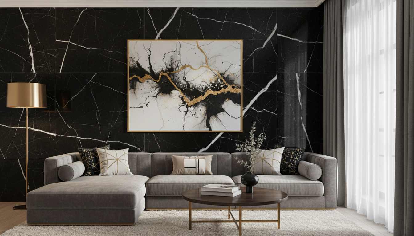 Dramatic black Marquina marble tile wallpaper for statement walls