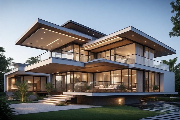 Dramatic cantilevered 3 floor house design with bold projections.