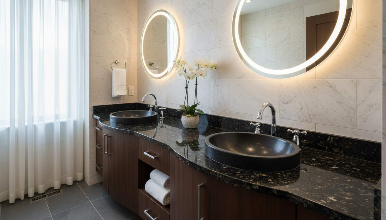 Dual master bathroom table top wash basin granite design for shared luxury