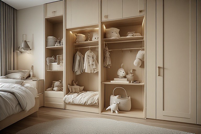 Dual-purpose modern wardrobe designs for children's room with play zones.
