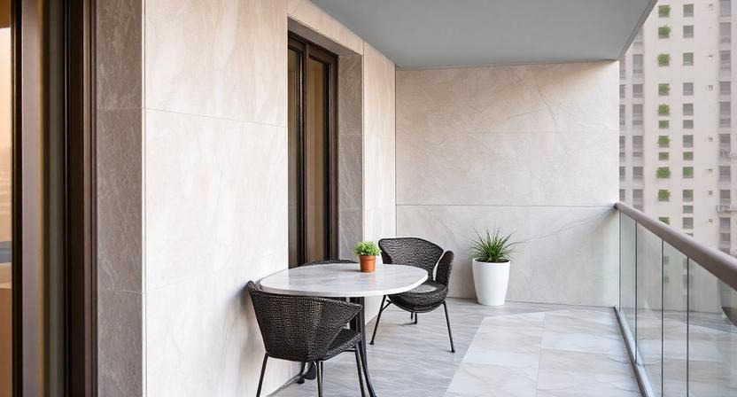 Dual-Tone Balcony with Grey and Beige Marble Tiles