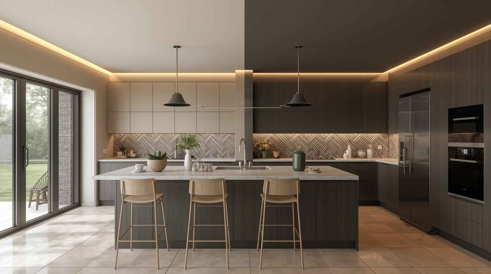 Dual-tone ceiling design creates visual contrast and adds dimension to contemporary interiors.