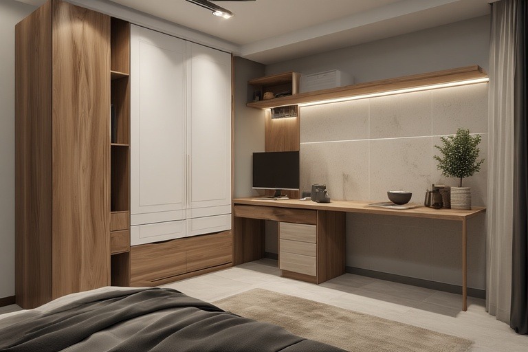 Dual-Tone Wardrobe and Study Table with Tile Accents