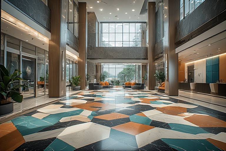 Dynamic lobby design with geometric patterned floor tile mosaics.