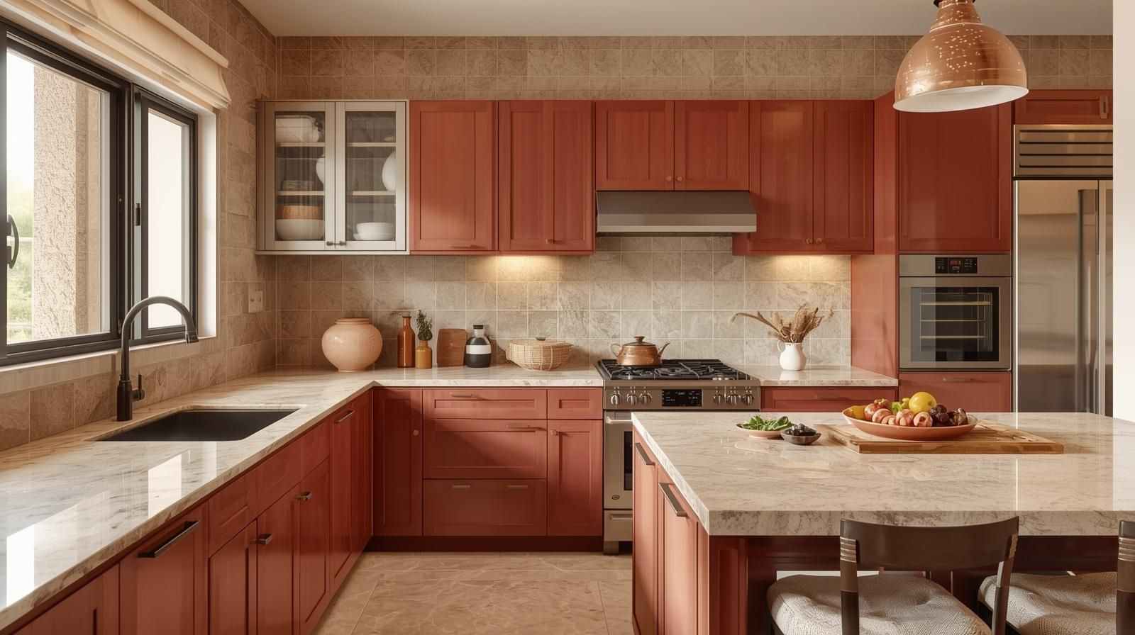 Earthy Beige Marble with Terracotta Cabinets