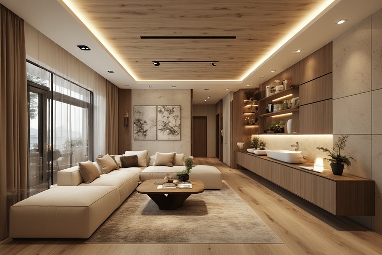 Earthy Brown and Cream Ceiling Colour Combination for Cozy Home Interiors