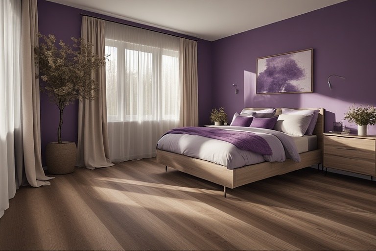 Earthy grape and wood tones purple two colour combination for bedroom walls with wood-look tiles