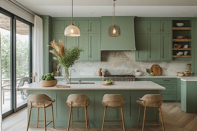 Earthy Greens & Natural Textures wood kitchen colour combination