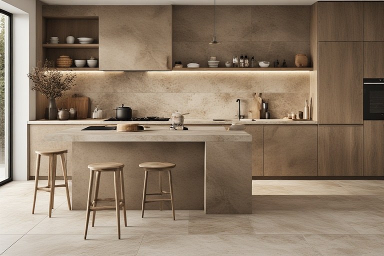 Earthy simple kitchen design with stone-look tiles and natural textures for a warm atmosphere.