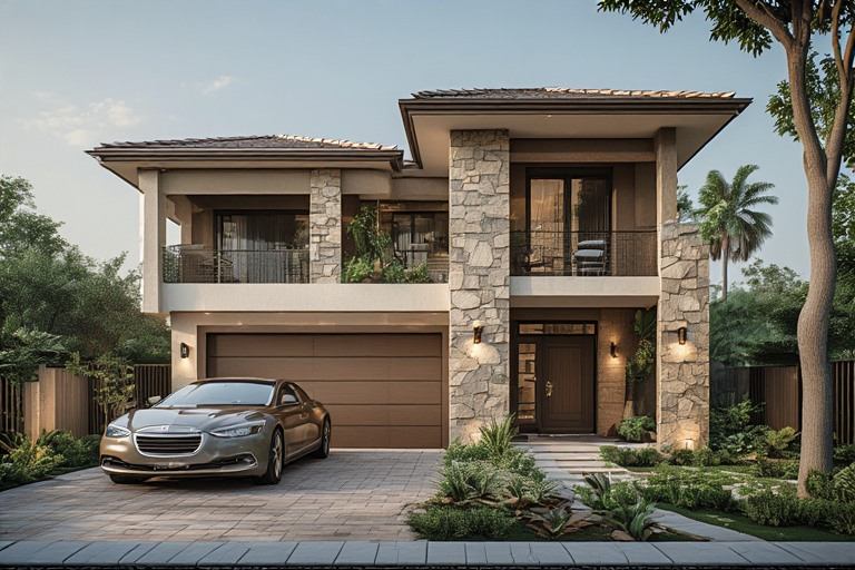 Earthy natural tones double floor normal house front elevation designs