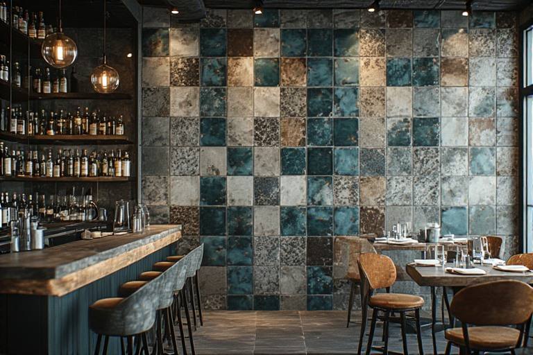 Eclectic restaurant design featuring mixed matte and glossy tiles