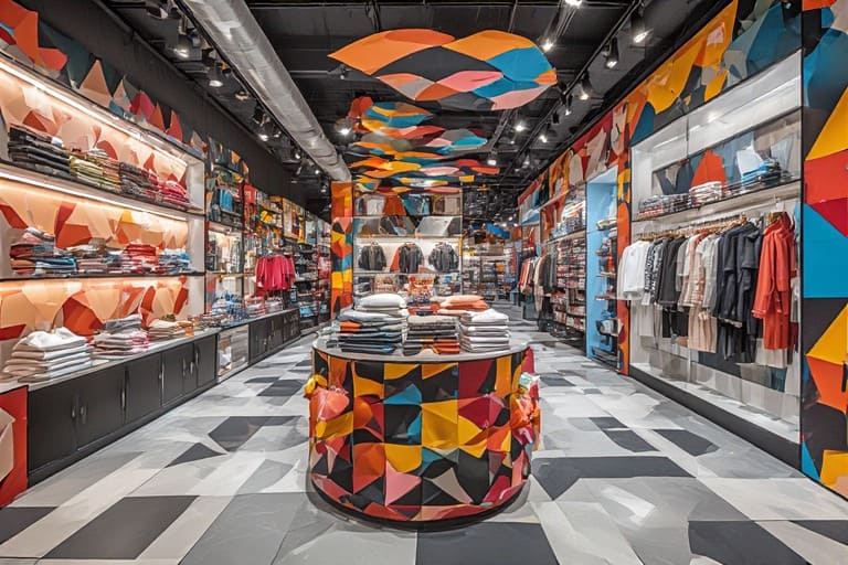 Eclectic cloth shop design with geometric tile patterns for a bold and artistic interior