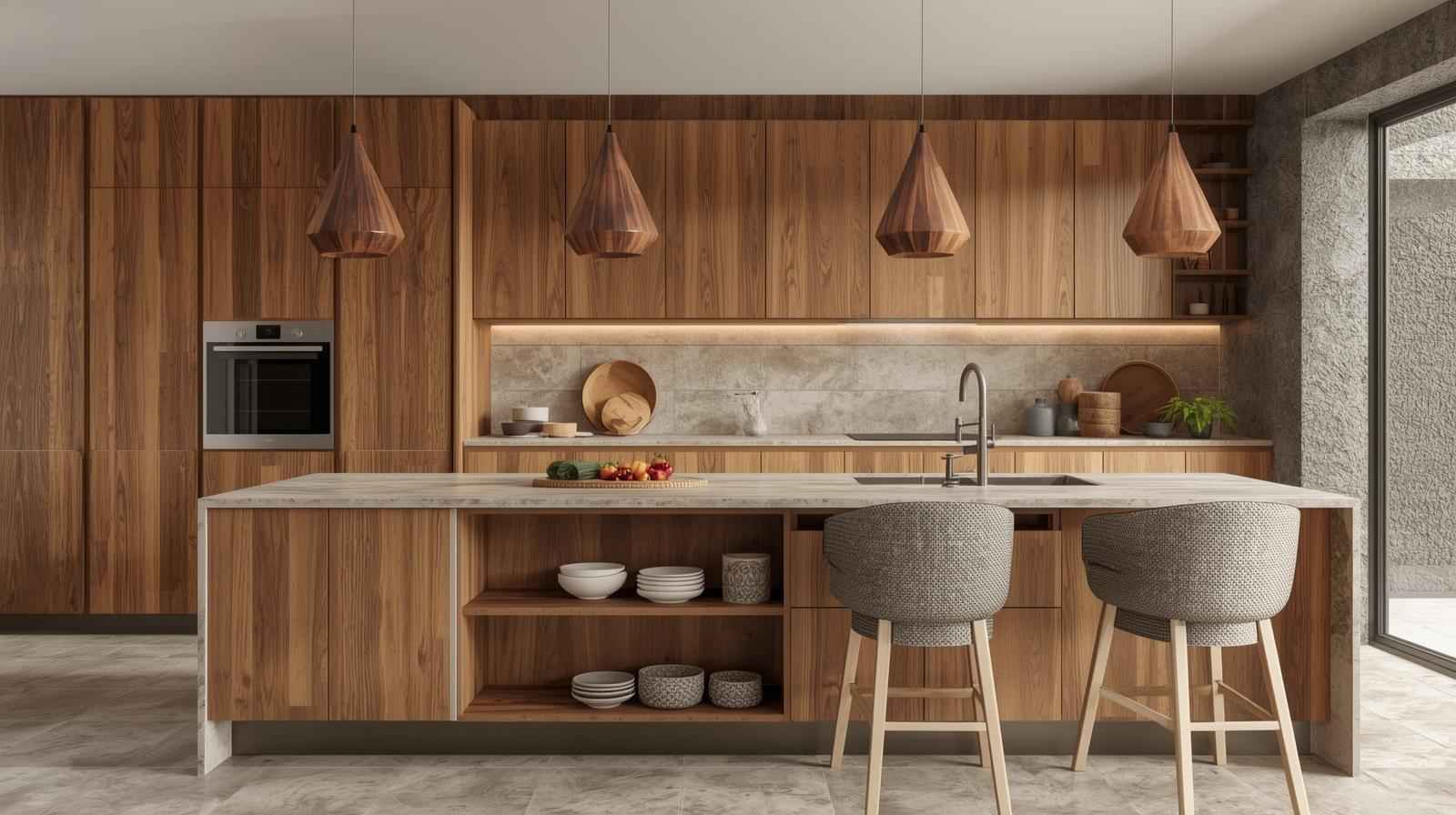 Eco-Friendly Wooden Kitchen with Natural Stone-Inspired Tiles