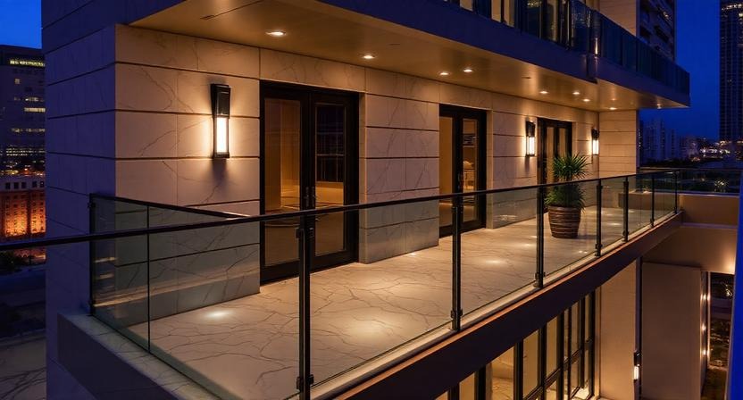 Elegant Balcony with Bookmatch Marble Elevation Tiles