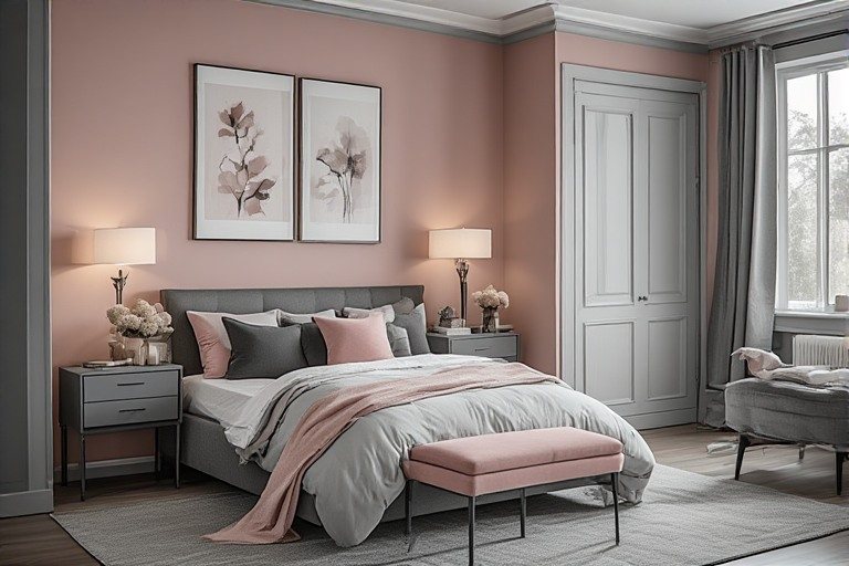 Elegant charcoal grey colour combination with blush pink for a sophisticated and soft interior contrast.