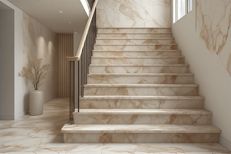 Elegant neutral stairs colour design with beige tiles