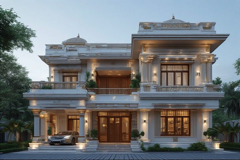 Elegant traditional fusion 3 floor house design with modern textures.