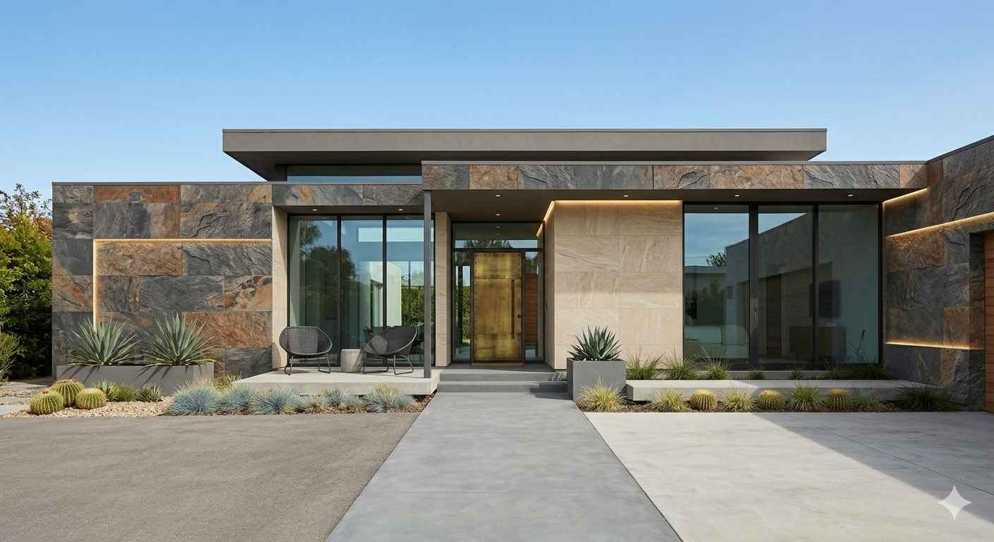 Ground Floor Elevation Design with Textured Tiles