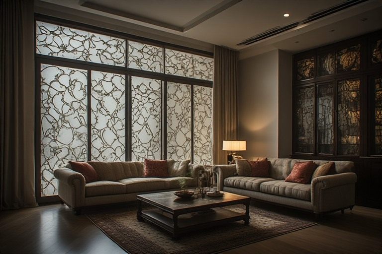 Decorative etched window glass design with patterns