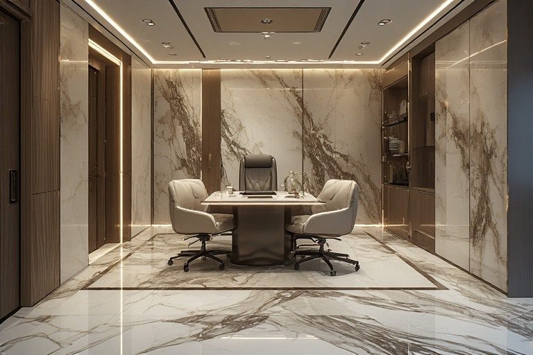 Luxury executive cabin office interior design with marble tiles