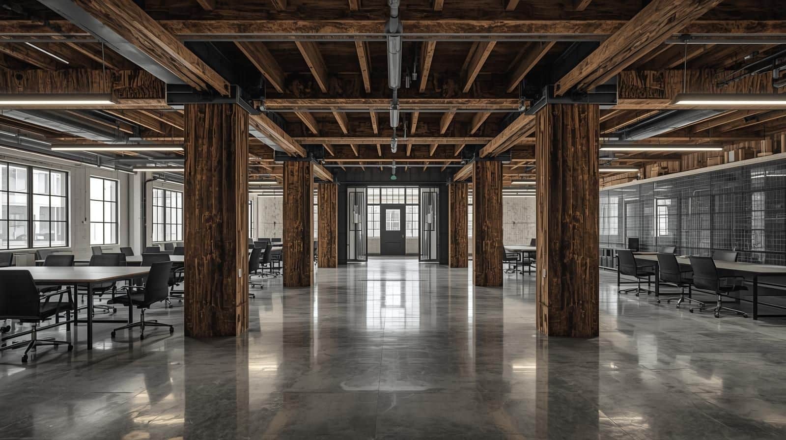 Exposed Beams with Tile-Backed Surfaces.