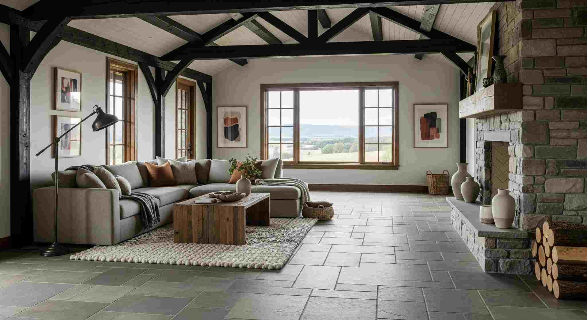 Exposed Wooden Beams with Natural Stone Tiles