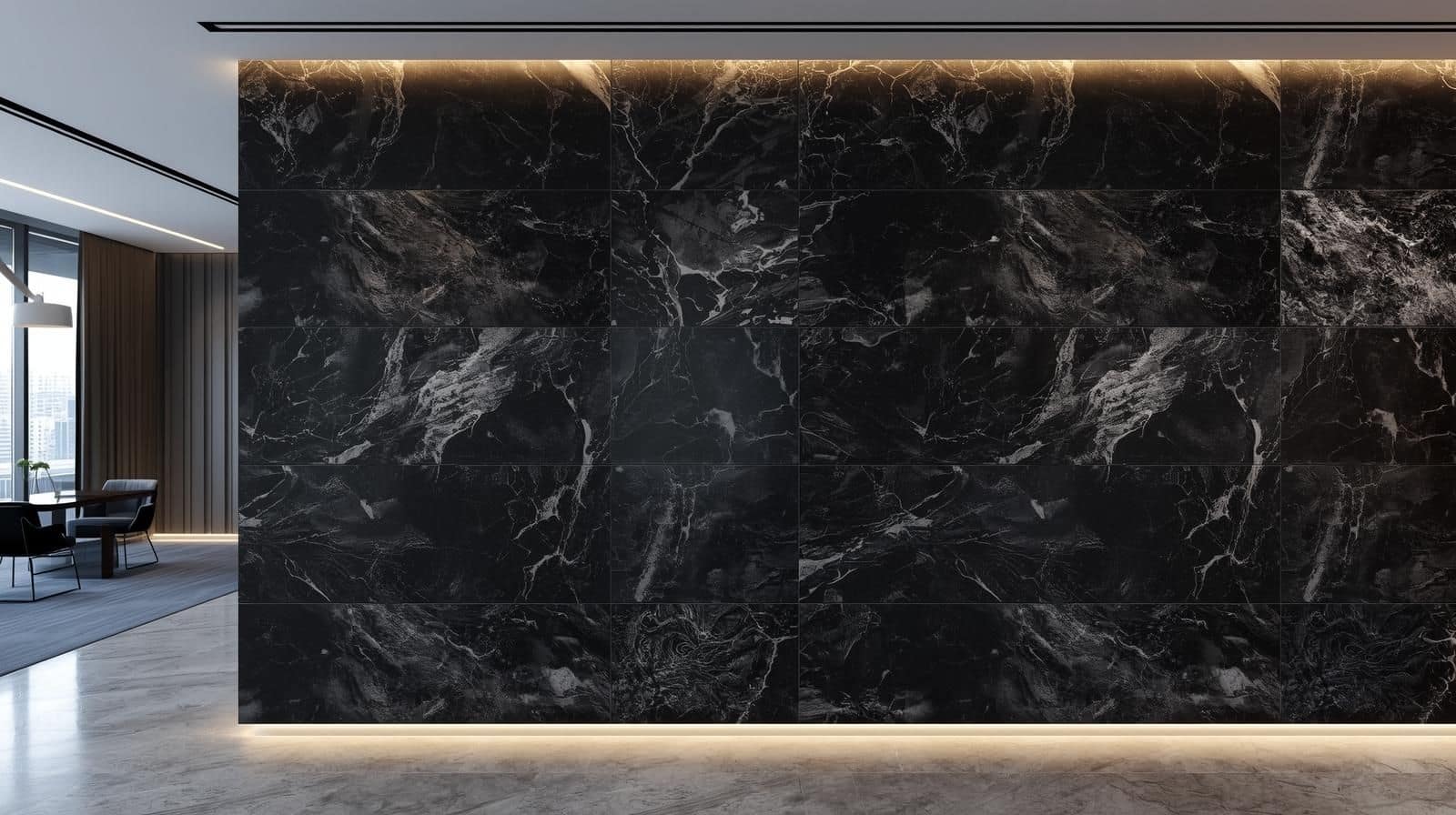Feature Wall with Black Marble Texture Tiles.