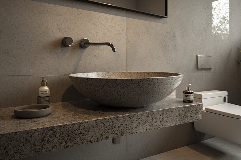 Floating Granite Counters with Wall-Mounted Faucets for Contemporary Bathroom Designs