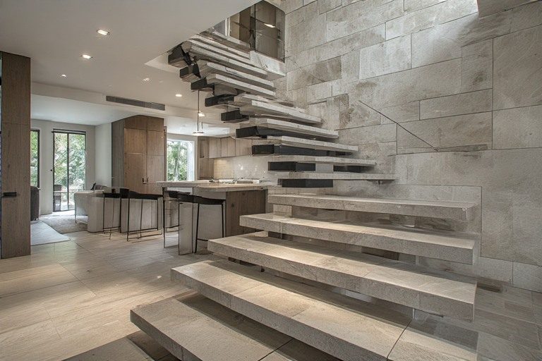 Contemporary house design featuring a floating staircase and open structure