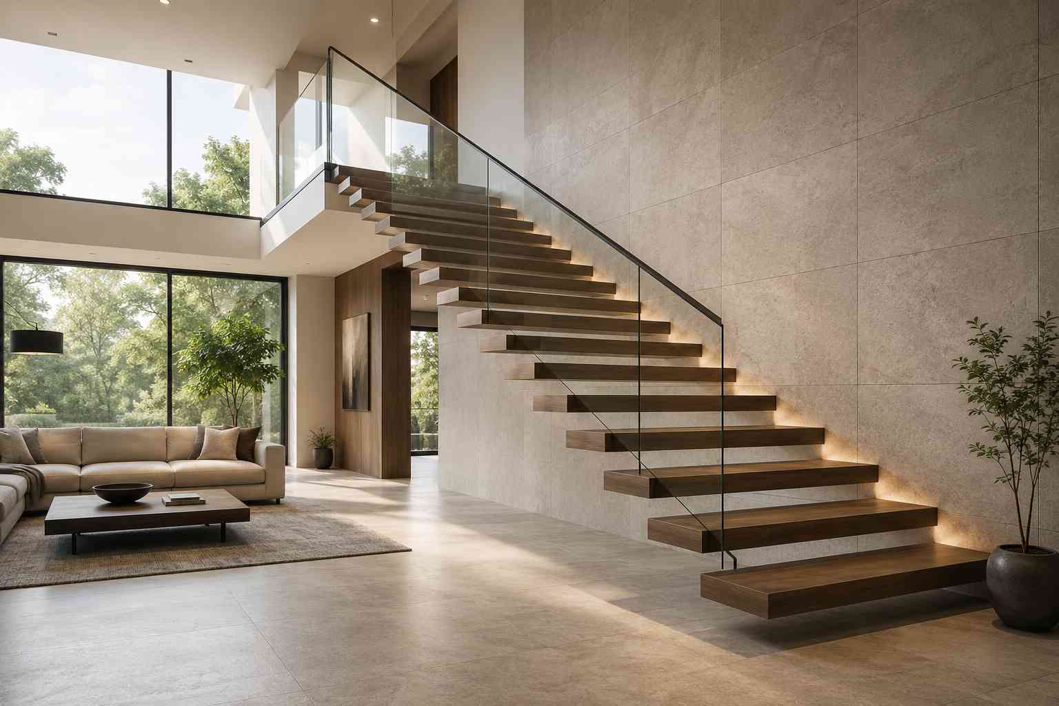 Double Height Living Room with Floating Staircases