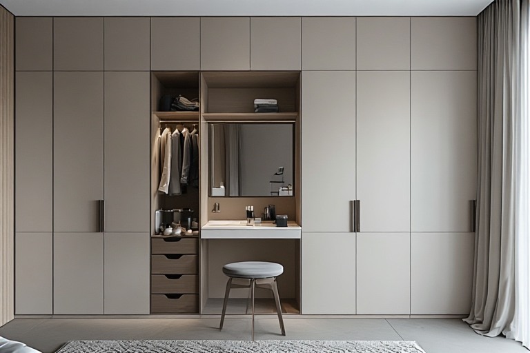 Floor-to-ceiling wardrobe with dressing table in a fold-out design