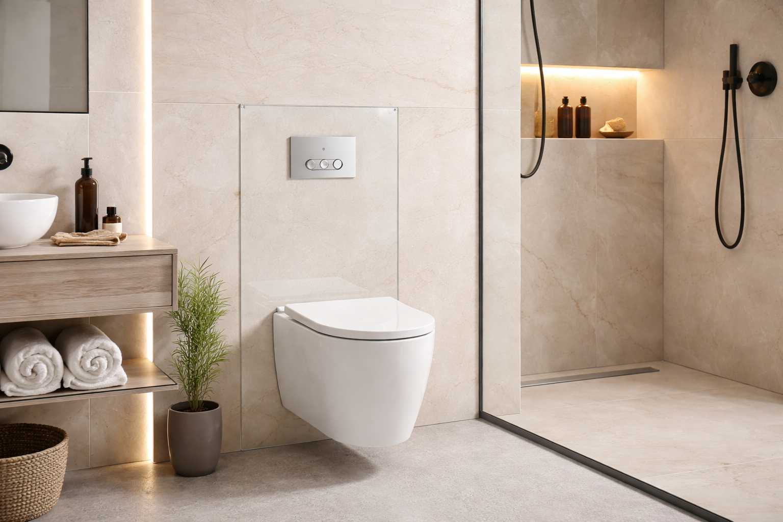 Frameless glass slim flush tank.