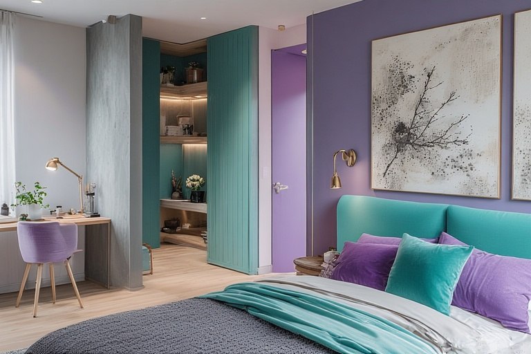 Vibrant violet and teal purple two colour combination for bedroom walls for a modern look