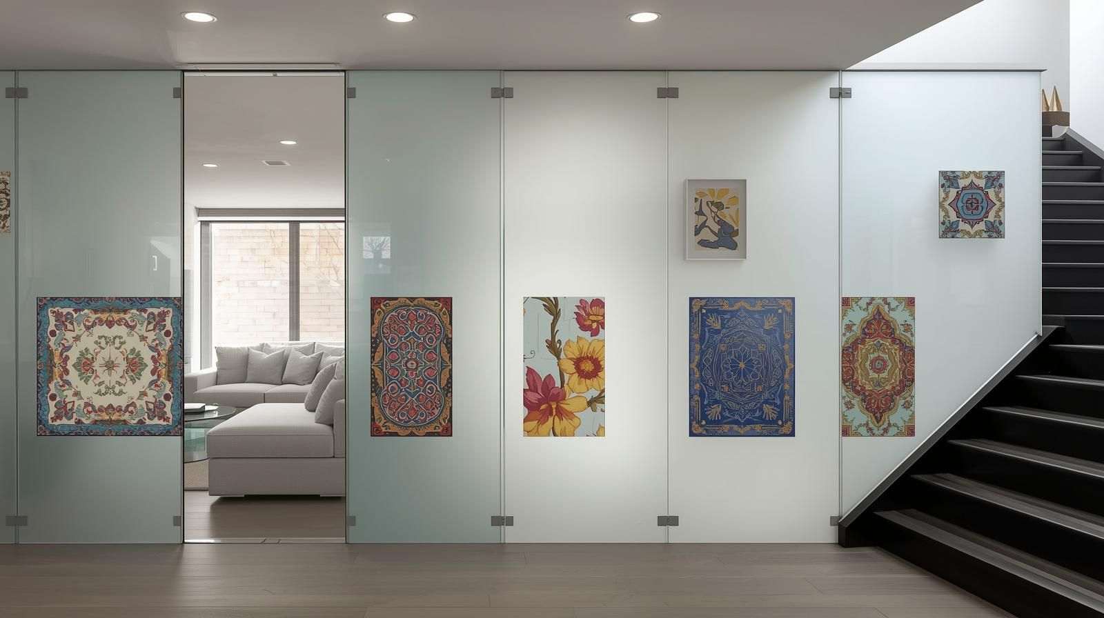 Frosted Glass Panels with Tile Graphic Prints